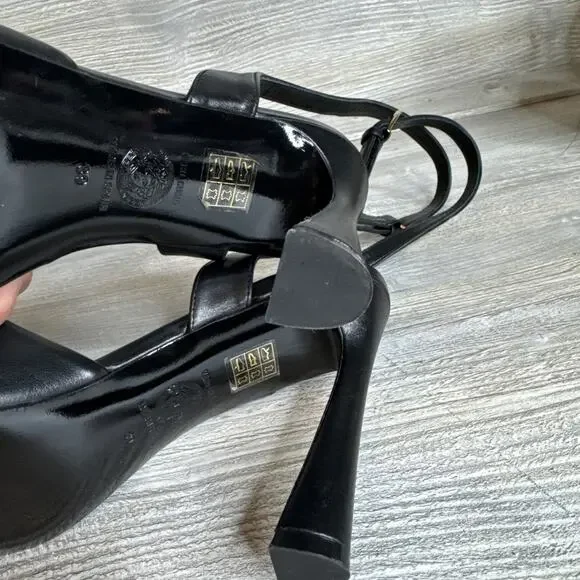 VERSACE SHOES BLACK LEATHER w MEDUSA HIGH HEEL SANDALS sz IT 39 US 8 - Picture 6 of 10